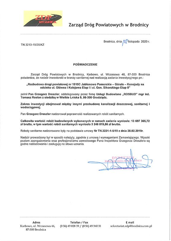 Zarząd Dróg Powiatowych w Brodnicy  - referencje