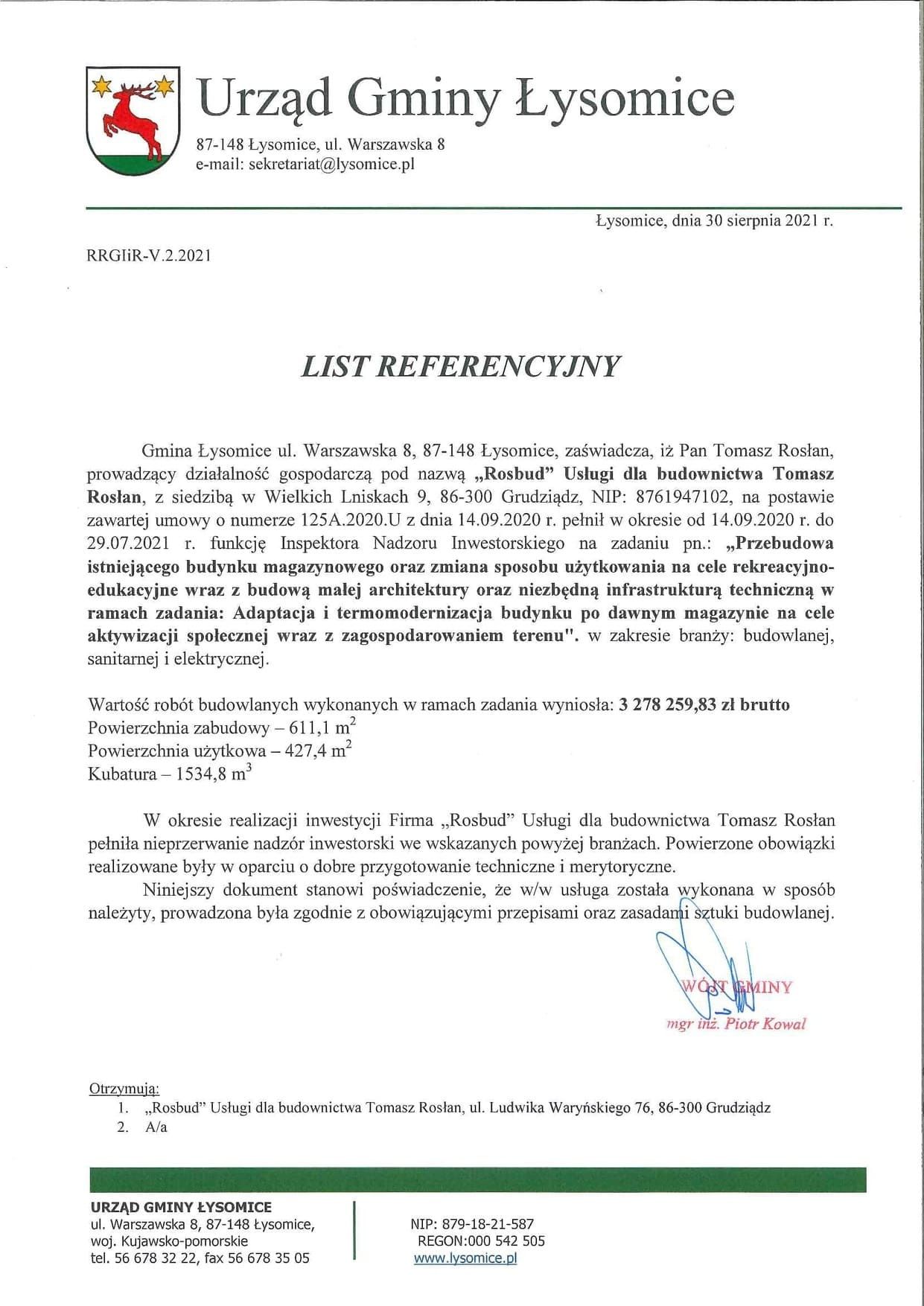 Urząd Gminy Łysomice list refencyjny sierpień 2021