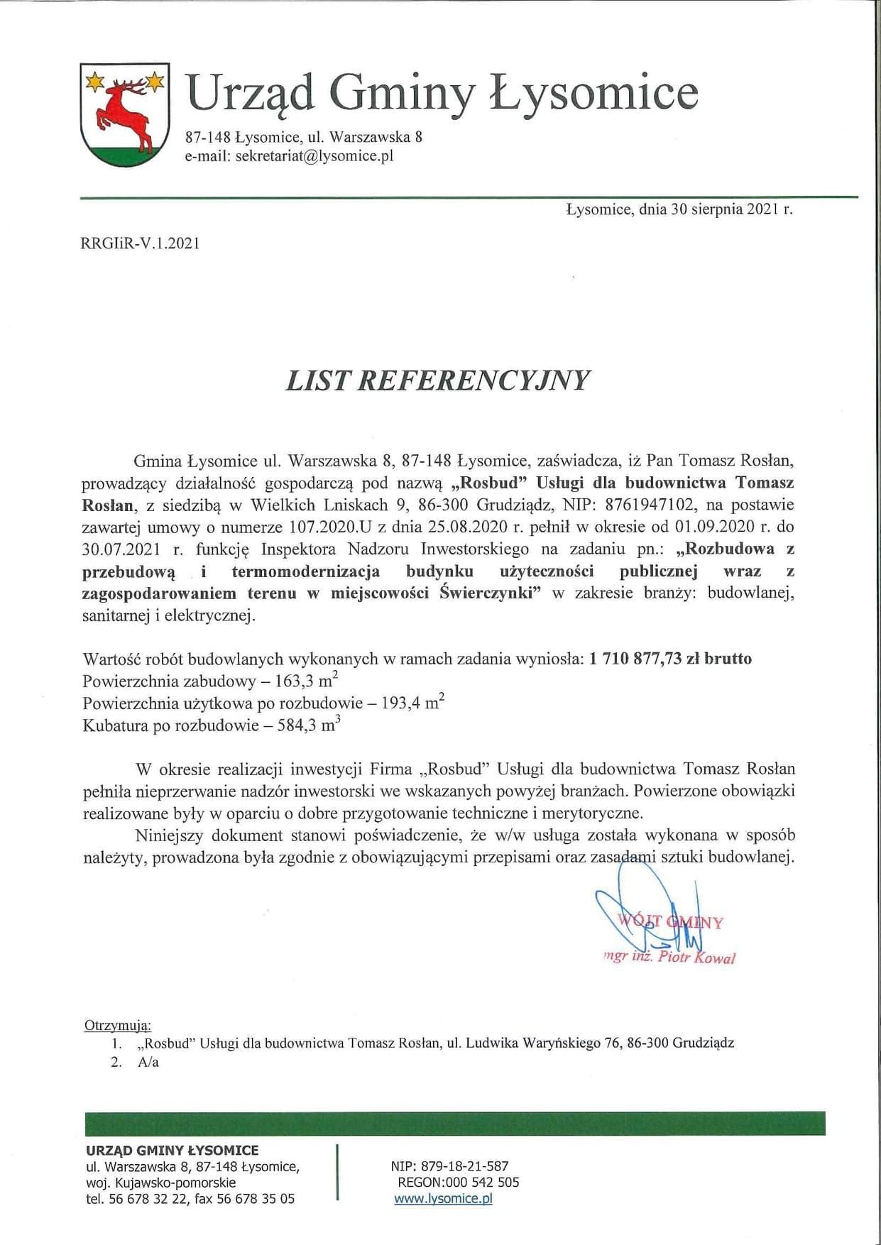 Urząd Gminy Łysomice list refencyjny sierpień 2021 - w miejscowości Świerszczynki
